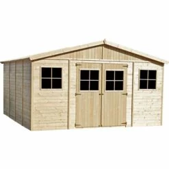 Abri De Jardin En Bois Exterieur AVEC PLANCHER IMPRÉGNÉ - Chalet En Pin / épicéa- H246 X 418 X 420 Cm/ 16 M²-Construction De Panneaux - Rangement Pour Vélos, Remise à Outils- TIMBELA M330+M330G - Beige