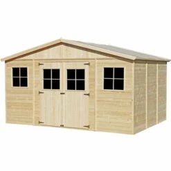 Abri De Jardin En Bois Exterieur AVEC PLANCHER IMPRÉGNÉ- Chalet En Pin / épicéa-H246x418x320 Cm/12 M²- Construction De Panneaux - Rangement Pour Vélos, Remise à Outils- Timbela M331+M331G - Beige