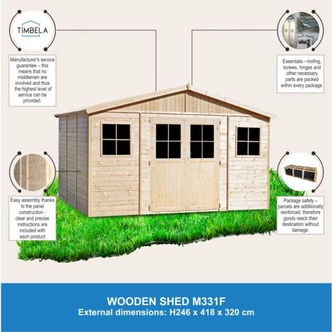 TIMBELA M331F Abri De Jardin En Bois Naturel- Porte Robuste De Meilleure Qualité - Stockage Extérieur Avec Fenêtres- H246x418x318 Cm/12 M²- Atelier Rangement Outils Et Vélos - Beige 7 TIMBELA M331F Abri De Jardin En Bois Naturel- Porte Robuste De Meilleure Qualité - Stockage Extérieur Avec Fenêtres- H246x418x318 Cm/12 M²- Atelier Rangement Outils Et Vélos - Beige – Image 5