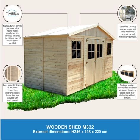 Abri De Jardin En Bois Naturel - Stockage Extérieur Avec Fenêtres- H246x418x220 Cm/8 M² Hangar En Bois Naturel - Atelier Rangement Outils Et Vélos- TIMBELA M332 - Beige 4 Abri De Jardin En Bois Naturel - Stockage Extérieur Avec Fenêtres- H246x418x220 Cm/8 M² Hangar En Bois Naturel - Atelier Rangement Outils Et Vélos- TIMBELA M332 - Beige – Image 2