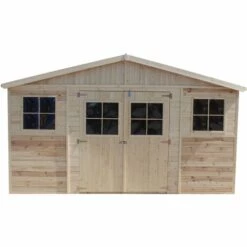 Abri De Jardin En Bois Exterieur PLUS LES PLANCHERS IMPRÉGNÉ-Chalet En Pin/épicéa- H246x418x220 Cm/8 M²-Construction De Panneaux - Rangement Pour Vélos, Remise à Outils- TIMBELA M332+M332G - Beige