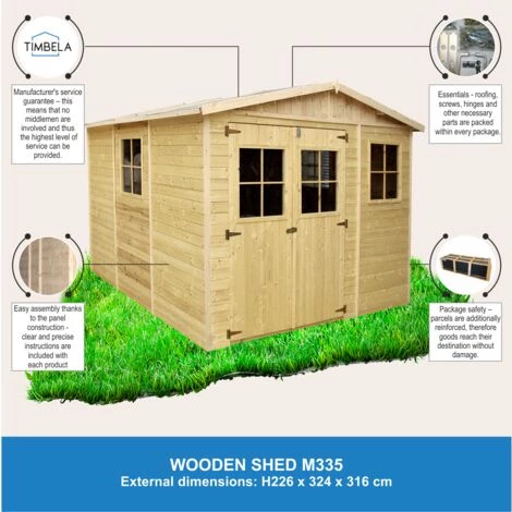 Abri De Jardin En Bois Naturel - Stockage Extérieur Avec Fenêtres- H226x316x324 Cm/9 M² Hangar En Bois Naturel - Atelier Rangement Outils Et Vélos- TIMBELA M335 - Beige 6 Abri De Jardin En Bois Naturel - Stockage Extérieur Avec Fenêtres- H226x316x324 Cm/9 M² Hangar En Bois Naturel - Atelier Rangement Outils Et Vélos- TIMBELA M335 - Beige – Image 4