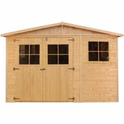 Abri De Jardin En Bois Naturel - Stockage Extérieur Avec Fenêtres- H226x324x416 Cm/12 M² Hangar En Bois Naturel - Atelier Rangement Outils Et Vélos- TIMBELA M336 - Beige