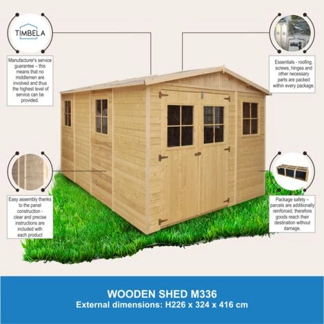 Abri De Jardin En Bois Naturel - Stockage Extérieur Avec Fenêtres- H226x324x416 Cm/12 M² Hangar En Bois Naturel - Atelier Rangement Outils Et Vélos- TIMBELA M336 - Beige 5 Abri De Jardin En Bois Naturel - Stockage Extérieur Avec Fenêtres- H226x324x416 Cm/12 M² Hangar En Bois Naturel - Atelier Rangement Outils Et Vélos- TIMBELA M336 - Beige – Image 3