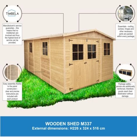 Abri De Jardin En Bois Naturel - Stockage Extérieur Avec Fenêtres- H226x324x516 Cm/15 M² Hangar En Bois Naturel - Atelier Rangement Outils Et Vélos- TIMBELA M337 - Beige 4 Abri De Jardin En Bois Naturel - Stockage Extérieur Avec Fenêtres- H226x324x516 Cm/15 M² Hangar En Bois Naturel - Atelier Rangement Outils Et Vélos- TIMBELA M337 - Beige – Image 2