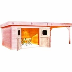 Habrita Abri Madriers 28 Mm Avec Terrasse Fabriqué En Douglas Massif - S.h.t. : 29,04 M2 - Toit Plat Couverture Bac Acier