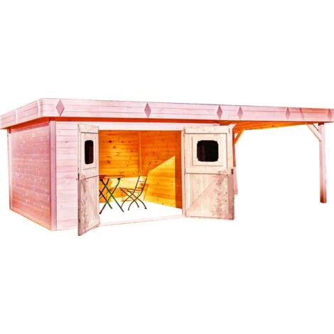 Habrita Abri Madriers 28 Mm Avec Terrasse Fabriqué En Douglas Massif - S.h.t. : 29,04 M2 - Toit Plat Couverture Bac Acier 3 Habrita Abri Madriers 28 Mm Avec Terrasse Fabriqué En Douglas Massif - S.h.t. : 29,04 M2 - Toit Plat Couverture Bac Acier