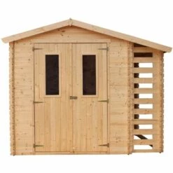 Abri De Jardin En Bois Et Range Bûches Extérieur AVEC SOL TRAITÉ TIMBELA M386C+M386G - Extérieur I206xL272xH218 Cm/ 3,53 + 0,97 M2 Petit Abri à Outils, Local à Vélos - Toit Imperméable, Fenêtres - Beige