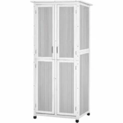 Outsunny Abri De Jardin Armoire De Jardin Sur Pied Dim. 77L X 58l X 175H Cm 2 étagères 2 Portes 3 Crochets Toit Bitumé étanche Bois Pin Pré-huilé Gris Blanc - Gris