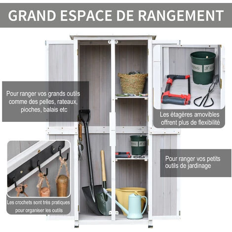 Outsunny Abri De Jardin Armoire De Jardin Sur Pied Dim. 77L X 58l X 175H Cm 2 étagères 2 Portes 3 Crochets Toit Bitumé étanche Bois Pin Pré-huilé Gris Blanc - Gris 6 Outsunny Abri De Jardin Armoire De Jardin Sur Pied Dim. 77L X 58l X 175H Cm 2 étagères 2 Portes 3 Crochets Toit Bitumé étanche Bois Pin Pré-huilé Gris Blanc - Gris – Image 4