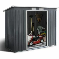 GOPLUS Abri De Jardin Avec Portes Fait En Métal Coulissantes Remise De Jardin Avec Fenêtres Rangement Pour Vélo, Outils De Jardinage Installation Facile 213x130x173CM, Gris