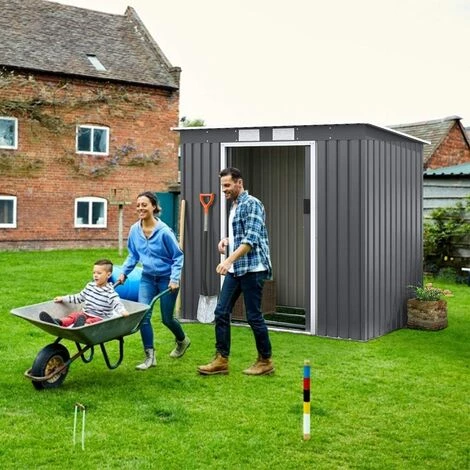 GOPLUS Abri De Jardin Avec Portes Fait En Métal Coulissantes Remise De Jardin Avec Fenêtres Rangement Pour Vélo, Outils De Jardinage Installation Facile 213x130x173CM, Gris 4 GOPLUS Abri De Jardin Avec Portes Fait En Métal Coulissantes Remise De Jardin Avec Fenêtres Rangement Pour Vélo, Outils De Jardinage Installation Facile 213x130x173CM, Gris – Image 2