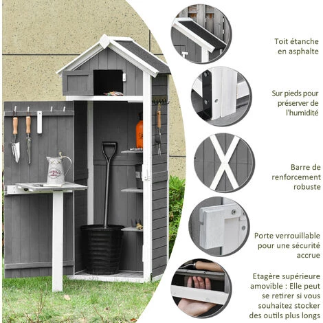 Outsunny Armoire Abri De Jardin Remise Pour Outils 4 étagères 9 Crochets 2 Porte Loquets Toit Pente Bitumé Sapin Gris Blanc - Gris 6 Outsunny Armoire Abri De Jardin Remise Pour Outils 4 étagères 9 Crochets 2 Porte Loquets Toit Pente Bitumé Sapin Gris Blanc - Gris – Image 4