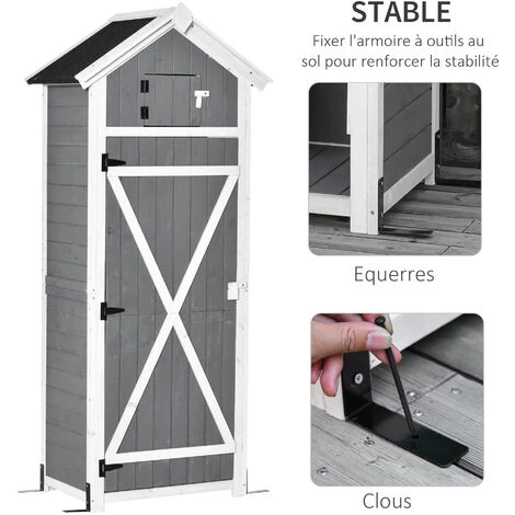 Outsunny Armoire Abri De Jardin Remise Pour Outils 4 étagères 9 Crochets 2 Porte Loquets Toit Pente Bitumé Sapin Gris Blanc - Gris 7 Outsunny Armoire Abri De Jardin Remise Pour Outils 4 étagères 9 Crochets 2 Porte Loquets Toit Pente Bitumé Sapin Gris Blanc - Gris – Image 5
