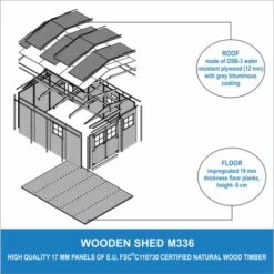 ABRI De Jardin En Bois Exterieur AVEC LES PLANCHERS IMPRÉGNÉ - En Pin/épicéa- H226x324x416 Cm/12 M²- Construction De Panneaux- Rangement Pour Vélos, Remise à Outils- TIMBELA M336+M336G - Beige -France Abri de jardin Soldes Boutique 35166907 4