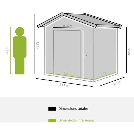 Outsunny Abri De Jardin - Remise Pour Outils - Cabanon Porte Verrouillable - Dim. 213L X 130l X 185H Cm - Tôle D'acier Vert - Vert 5 Outsunny Abri De Jardin - Remise Pour Outils - Cabanon Porte Verrouillable - Dim. 213L X 130l X 185H Cm - Tôle D'acier Vert - Vert – Image 3