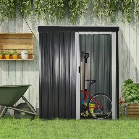 Outsunny Abri De Jardin - Remise Pour Outils - Cabanon Porte Verrouillable - Dim. 163L X 89l X 182H Cm - Tôle D'acier Noir Blanc - Gris 4 Outsunny Abri De Jardin - Remise Pour Outils - Cabanon Porte Verrouillable - Dim. 163L X 89l X 182H Cm - Tôle D'acier Noir Blanc - Gris – Image 2