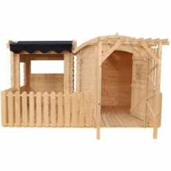 TIMBELA M505+M080M (+M012 Table D'enfants En Bois) L'ENSEMBLE De Maison En Bois Avec Abri Et Terrasse Pour Enfants Avec Table D'enfants En Bois - Maison De Jeux Pour L'extérieur Maison Jardin Enfant - Beige -France Abri de jardin Soldes Boutique 49343968 2