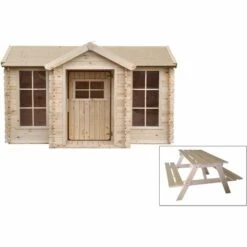L'ENSEMBLE De Maison En Bois Pour Enfants Avec Table D'enfants En Bois - Maison De Jeux Pour L'extérieur 241x187xH151cm/2.63m2 - Maison Jardin Enfant Exterieur Bois - Maison D'été Extérieure Timbela M520 (+M018 Table D'enfants En Bois) - Beige