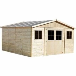 TIMBELA M330F Abri De Jardin En Bois Naturel - Porte Verrouillable De Haute Qualité- Stockage Extérieur Avec Fenêtres- H246 X 418 X 420 Cm/ 16 M²- Hangar En Bois Naturel - Beige -France Abri de jardin Soldes Boutique 50252346 2