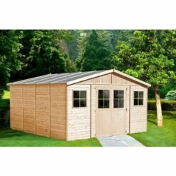 TIMBELA M330F Abri De Jardin En Bois Naturel - Porte Verrouillable De Haute Qualité- Stockage Extérieur Avec Fenêtres- H246 X 418 X 420 Cm/ 16 M²- Hangar En Bois Naturel - Beige -France Abri de jardin Soldes Boutique 50252346 3