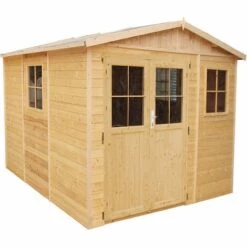 TIMBELA M335F Abri De Jardin En Bois Naturel - Porte Verrouillable De Haute Qualité - Stockage Extérieur Avec Fenêtres- H226x316x324 Cm/9 M² Hangar En Bois Naturel Atelier Rangement Outils Et Vélos - Beige