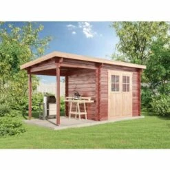CARLSSON Abri De Jardin Corfou Avec Extension Toit Naturel , 28 Mm Épaisseur Paroi 438 X 224 Cm - Sans Traitement De Couleur