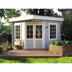 ALPHOLZ Abri De Jardin Pentagonal Monica-28 Toit Plat Naturel , 28 Mm Épaisseur Paroi 520 X 270 Cm - Sans Traitement De Couleur