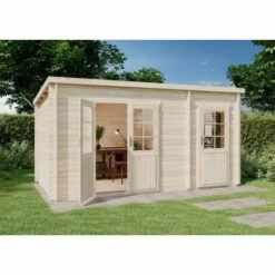 ALPHOLZ Poolhouse - Abri De Jardin Maria Toit Monopente Avec Annexe Naturel , 28 Mm Épaisseur Paroi 450 X 279 Cm - Sans Traitement De Couleur