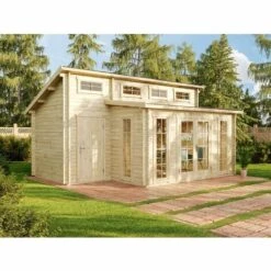 CARLSSON Abri De Jardin Lausitz ISO Avec Annexe Naturel , 40 Mm Épaisseur Paroi 590 X 477 Cm - Sans Traitement De Couleur