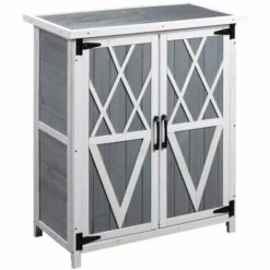 Outsunny Abri De Jardin Armoire De Jardin Remise Pour Outils Sur Pied Dim. 75L X 40l X 90H Cm 3 étagères 2 Portes Toit Tôle Bois Sapin Blanc Gris