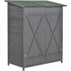 Outsunny Abri De Jardin Armoire De Jardin Remise Pour Outils Sur Pied Dim. 139L X 75l X 160H Cm 2 étagères 2 Portes Toit Bitumé étanche Bois Sapin Pré-huilé Gris - Gris