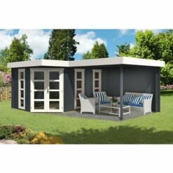 ALPHOLZ Abri De Jardin Pentagonal Lindau-40 Avec Annexe Marron Imprégné, 40 Mm Épaisseur Paroi 465 X 620 Cm - Marron