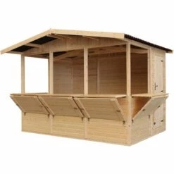 TIMBELA M150B Maison De Jardin En Bois, Étal De Marché En Bois, Grand Stand De Vendeur Avec Comptoir, CINQ FENÊTRES, H232x336x263 Cm/6m2, Facile à Monter Et à Démonter, Bar Jardin, Abri De Jardin Multifonctionnel