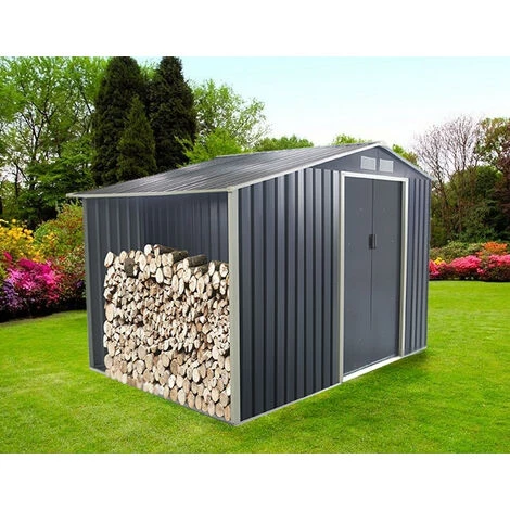 GARDIUN Abri De Jardin En Métal Ontario Avec Range Bûches- 5,31 M² Ext. 191x278x195 Cm Acier Galvanisé Gris Anthracite 5 GARDIUN Abri De Jardin En Métal Ontario Avec Range Bûches- 5,31 M² Ext. 191x278x195 Cm Acier Galvanisé Gris Anthracite – Image 3