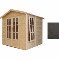TIMBELA M351FB Cabane En Bois Avec Plancher, Avec Bardeaux Bitumineux Couleur NOIR L233xP222xH233cm, Abri En Bois De Jardin Multifonctionnel, Bureau De Jardin En Bois Verrouillable, Atelier, Studio