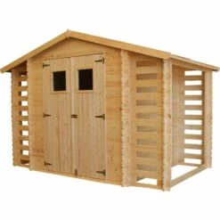 Abri De Jardin En Bois Et Range Bûches Extérieur AVEC SOL TRAITÉ TIMBELA M391 - Extérieur I206xL328xH218 Cm/ 3,53 + 0,97+0,97 M2 Petit Abri à Outils, Local à Vélos - Toit Imperméable, Fenêtres